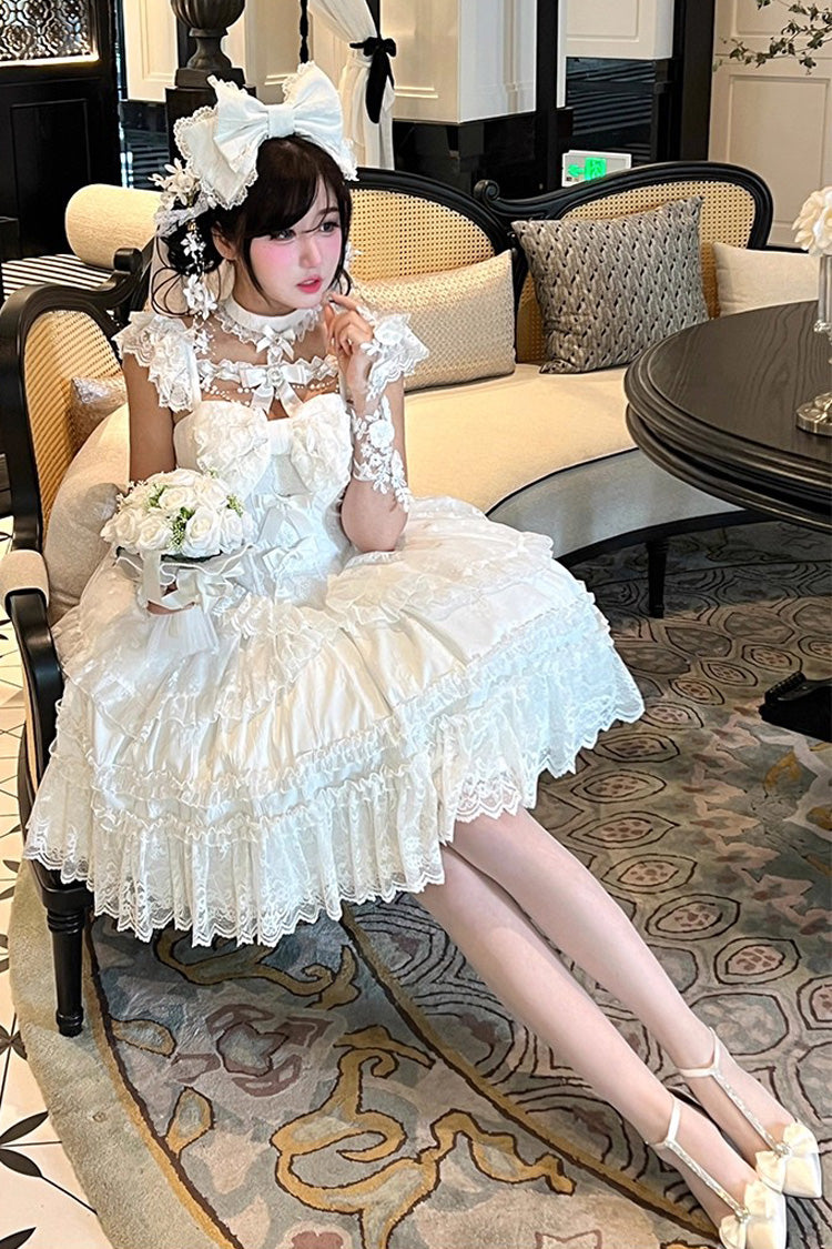 White [Jewelry Love Story] Halterneck Ruffle Hanayome Bowknot Lace Gothic Lolita Dress - Product - 5