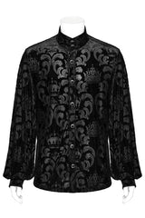 Black Stand Collar Puff Sleeves Jacquard Print Men's Gothic Blouse - Product - 5