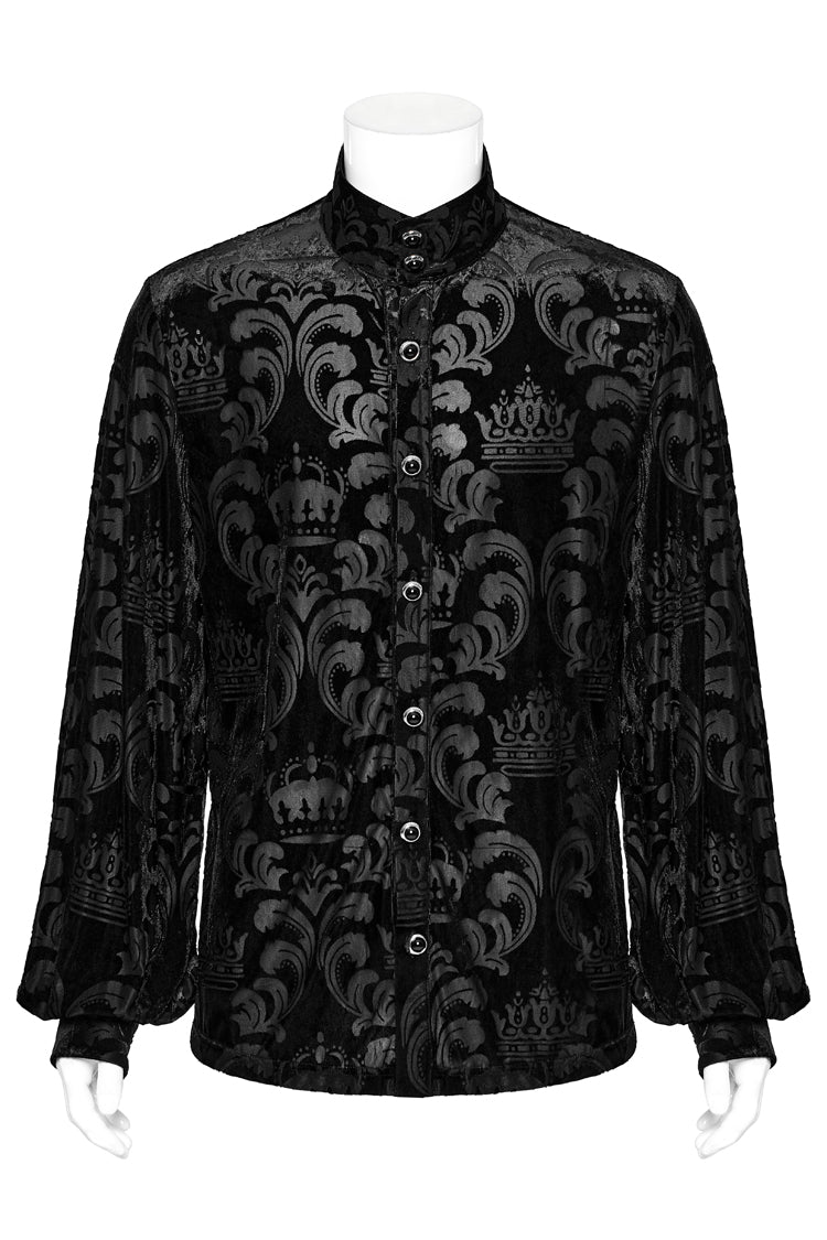 Black Stand Collar Puff Sleeves Jacquard Print Men's Gothic Blouse - Product - 5