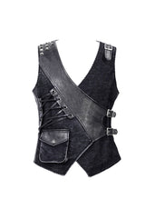 Black V Neck Asymmetric Lace Up Leather Loop Shoulder Rivet Corduroy Men's Punk Waistcoat - Product - 6