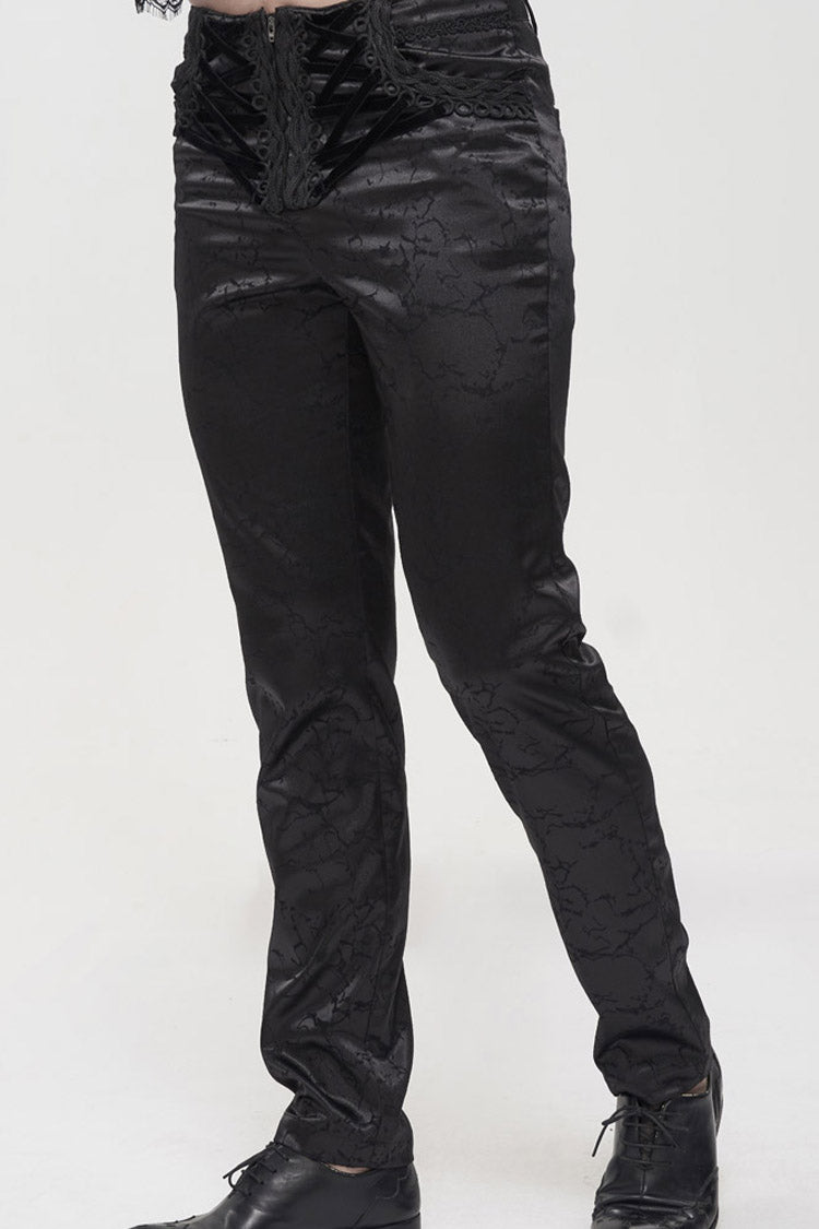Black Gothic Glossy Pattern Drawstring Lace Decoration Men's Pants - Product - 6