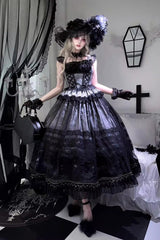 Grey/Blue [Mist-shrouded Vineyard] Sleeveless Ruffle Bowknot Lace-Up Sweet Lolita Jsk Skirt Dress Set - Grey/Blue - 1