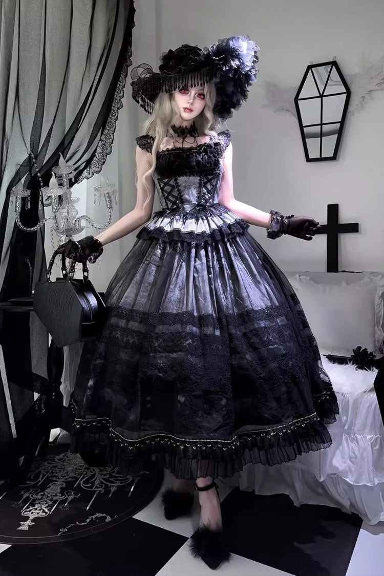 Grey/Blue [Mist-shrouded Vineyard] Sleeveless Ruffle Bowknot Lace-Up Sweet Lolita Jsk Skirt Dress Set - Grey/Blue - 1