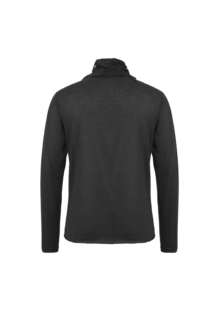 Black Ragged Turn-Down Collar Woolen Long Sleeve Irregular Hem Men's Punk T-Shirt - Product - 8