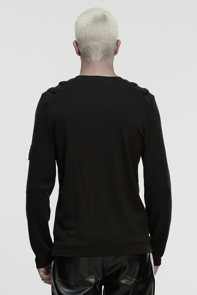 Black Round Collar Long Sleeves Cut-Out Spliced Mesh Men's Punk T-Shirt - Product - 3