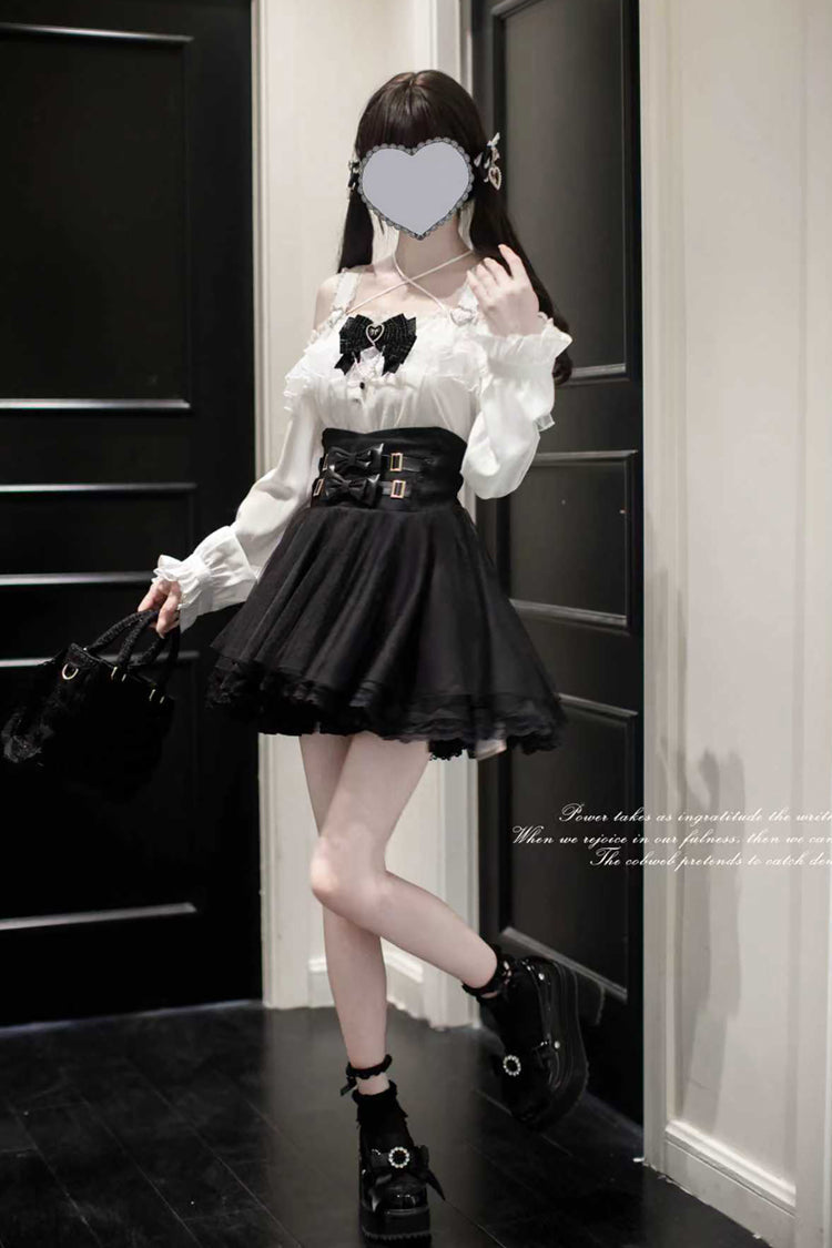 Black Solid Color Bowknot Sweet Jirai Kei Japanese Skirt - Product - 6
