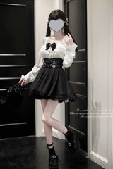 Black Solid Color Bowknot Sweet Jirai Kei Japanese Skirt - Product - 6