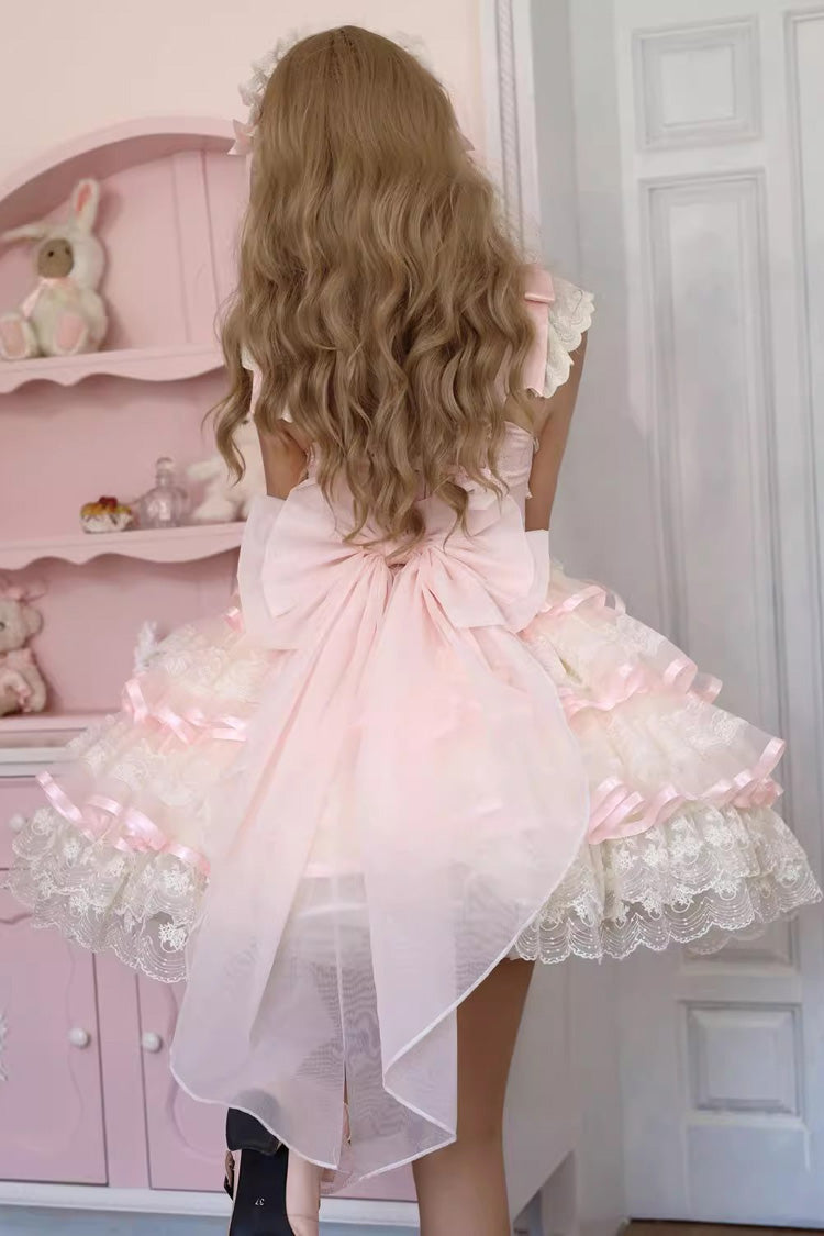 Pink [Rose Feather Waltz] Sleeveless Triple-Layered Ruffle Bowknot Lace Sweet Ballet Lolita Jsk Dress - Product - 4