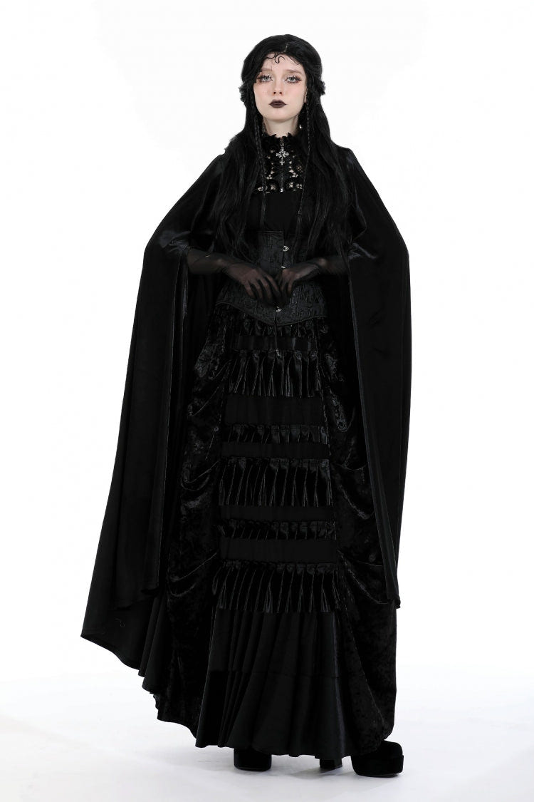 Black Cross Zippered Floral Embroidered Women's Gothic Cloak with Hood - Product - 11