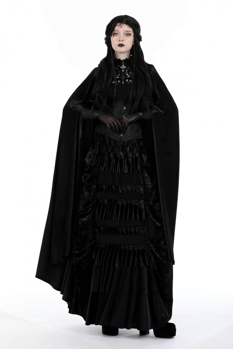 Black Cross Zippered Floral Embroidered Women's Gothic Cloak with Hood - Product - 11
