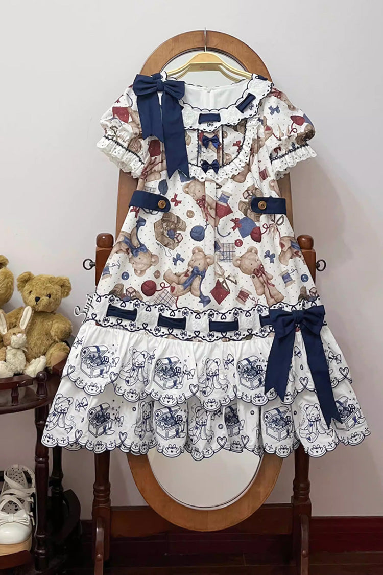 Multi-Color [Little Bear Tailor] Round Collar Short Sleeves Double-Layered Printed Ruffled Bow Sweet Lolita Dress - Product - 3