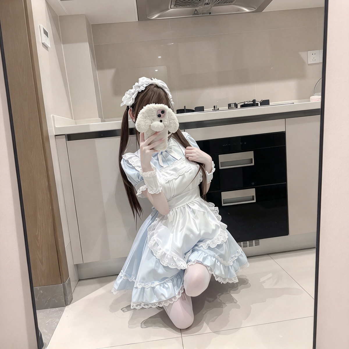 Light Blue and White Ruffled Maid Lolita Halter Dress with Apron Accent - view 3