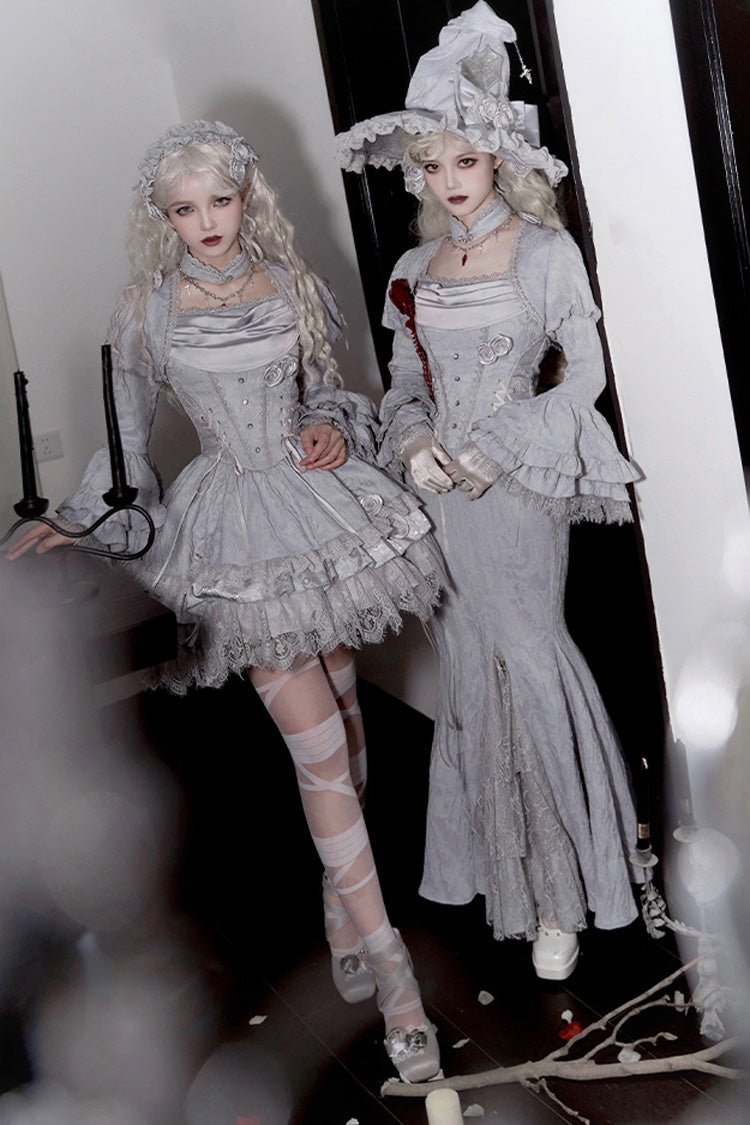 Silver Grey [Twilight] Ruffle Lace Irregular Gothic Witch Lolita Fishtail Skirt Set - Product - 10