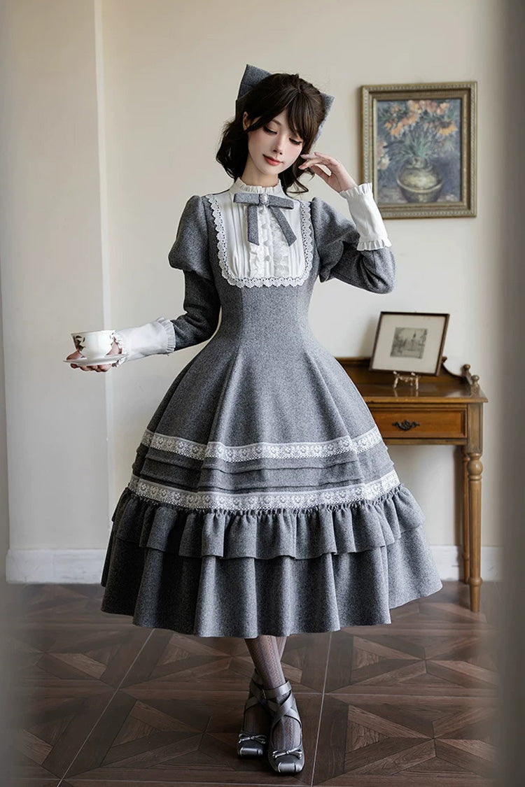 Grey [Letters and Poems · Old Memories] Stand Collar Long Sleeves Double-Layered Ruffled Bow Classic Elegant Lolita Dress 2 Versions - Product - 14