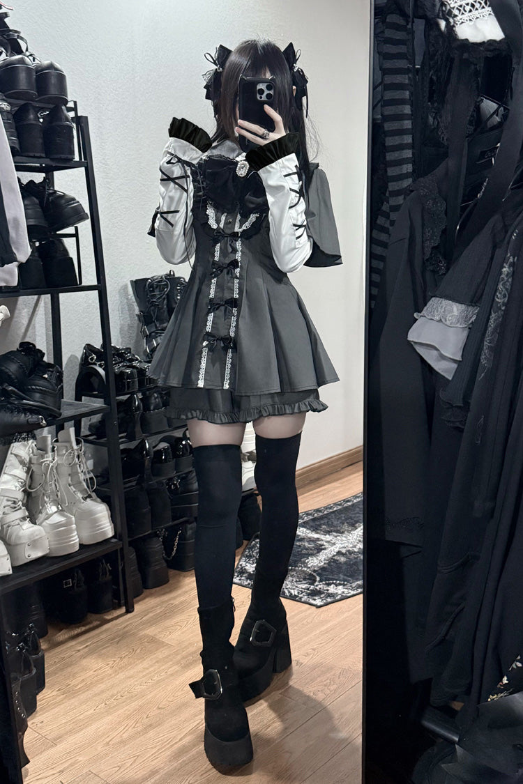 [Black Veil Pact] Short Sleeves Printed Ruffled Bow Gothic Jirai Kei Japanese Dress Shorts Set 2 Colors - Product - 8