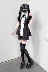 Black/White [Offbeat Confession] Long Short Sleeves Printed Ruffled Bow Gothic Jirai Kei Japanese Dress and Shorts Set - Product - 8