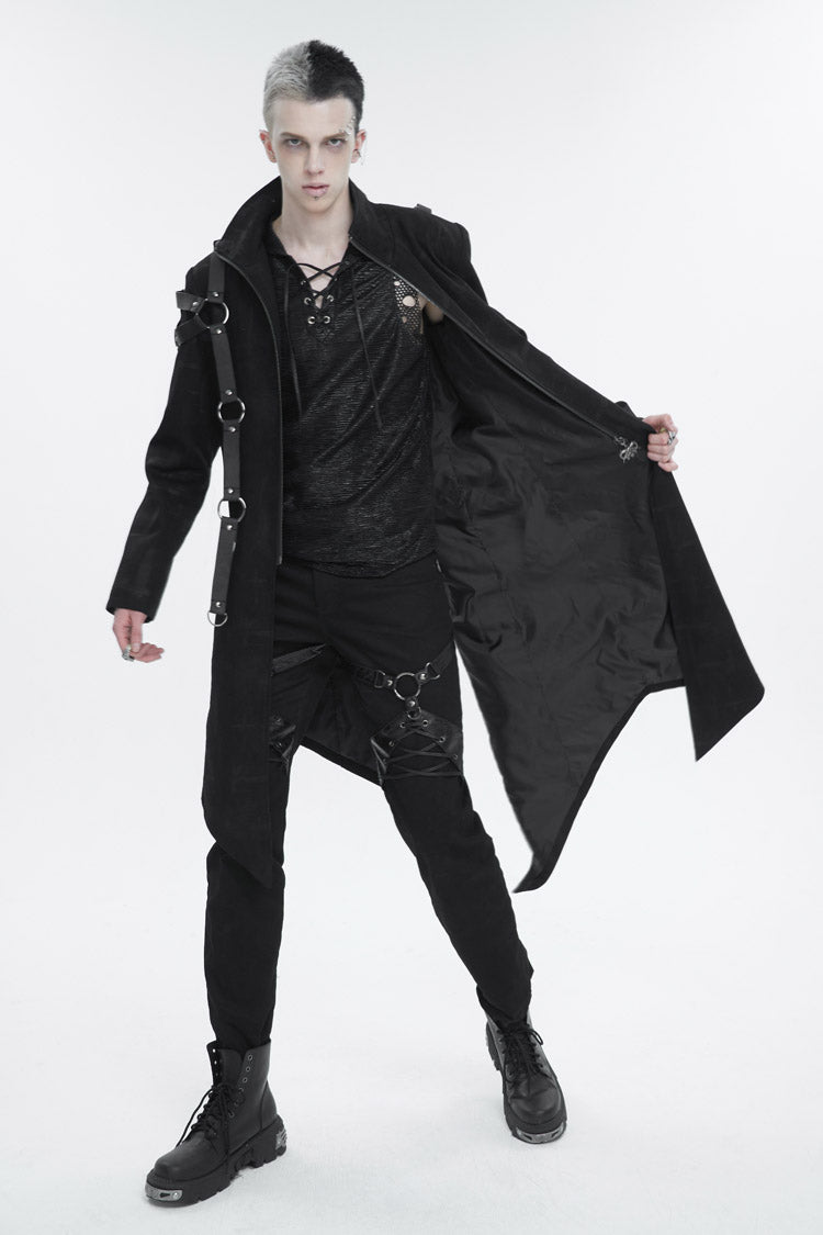 Black Stand Collar Asymmetric Hem Matching Shoulder Strap Long Men's Gothic Coat - Product - 2