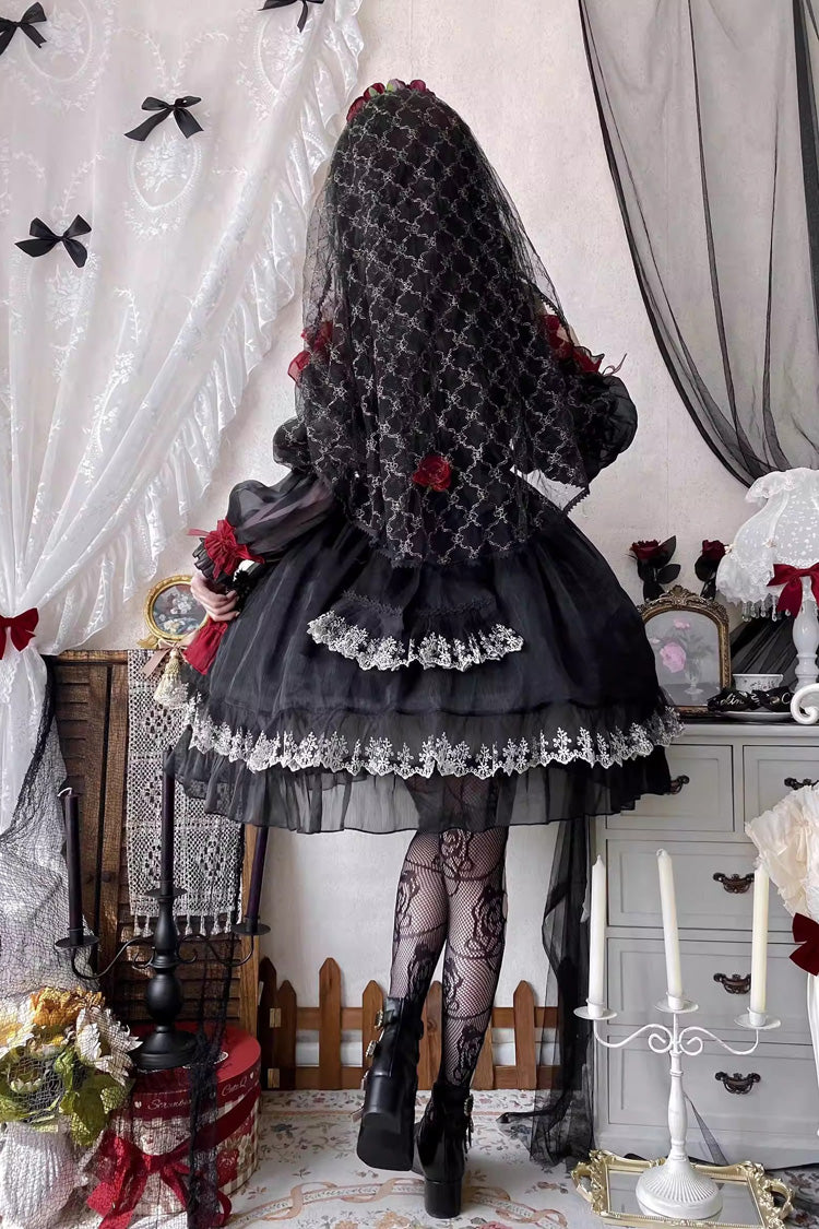Black/Red [Perlia’s Night] Long Puff Sleeves Ruffled Open-Front Bow Lace Gothic Lolita Dress - Product - 7