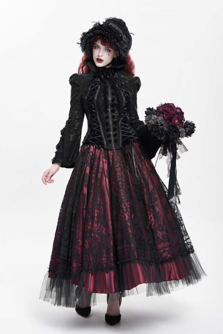 Black Lapel Collar Long Trumpet Sleeves Ruffle Lace-Up Zipper Women's Gothic Jacket - Product - 11