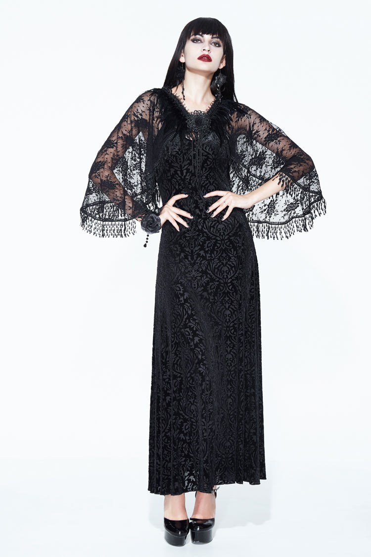 Black Lace Shawl Dark Pattern Velvet Women's Gothic Slip Dress - Product - 2