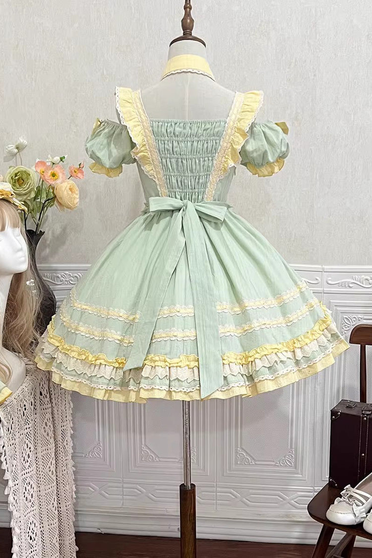 Green Short Sleeves Tulip Print Ruffle Bowknot Sweet Lolita Dress - Product - 8
