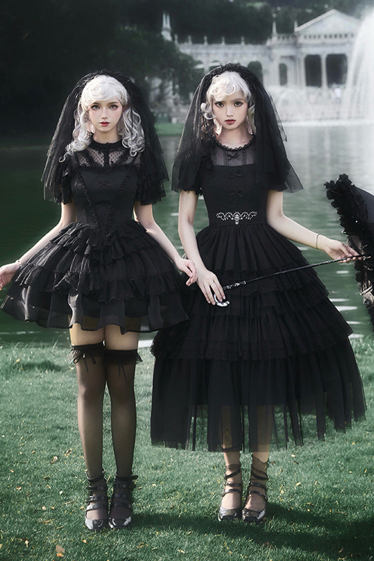 Black Twin Ivory Towers Short Sleeves Five-Layered Ruffle Gothic Lolita Dress - Black - 1
