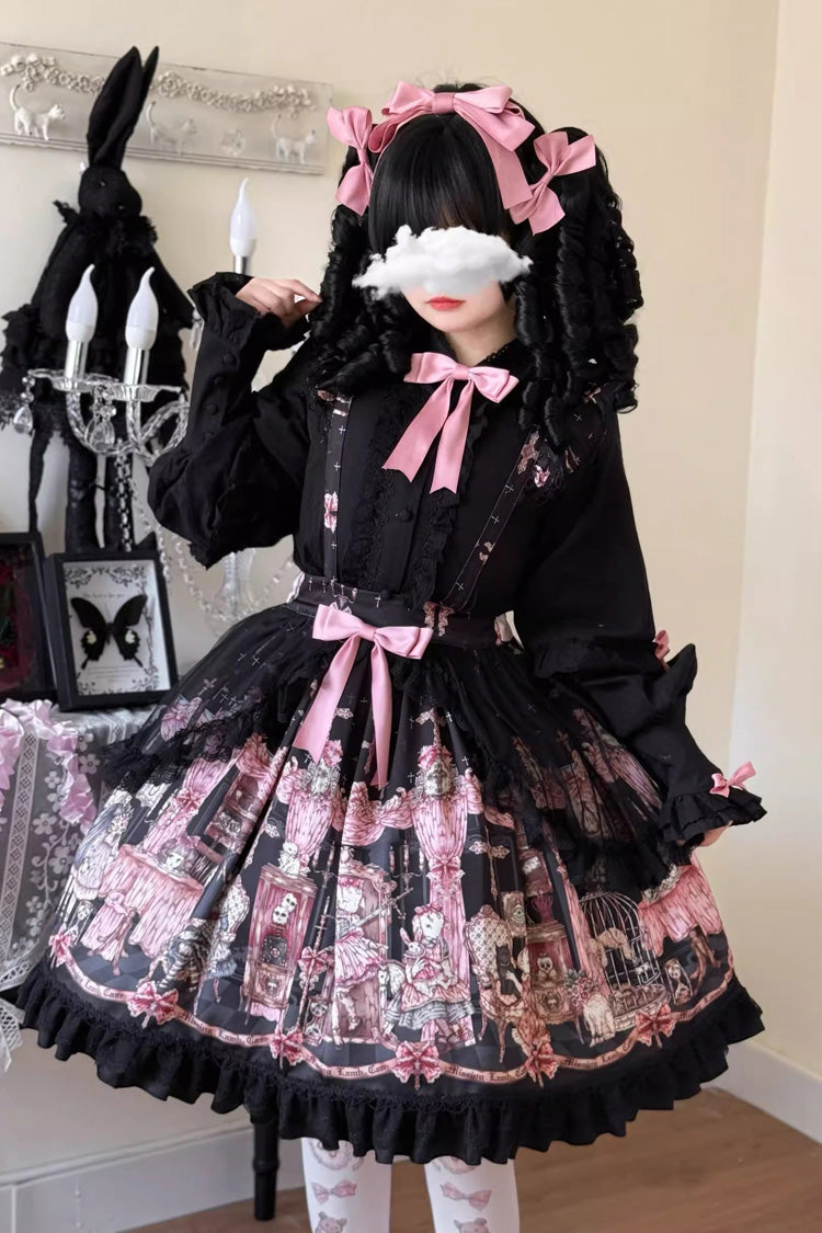 Black [The Case of the Missing Lamb] Print Ruffle Bowknot Lace Gothic Lolita SK Skirt - Product - 16