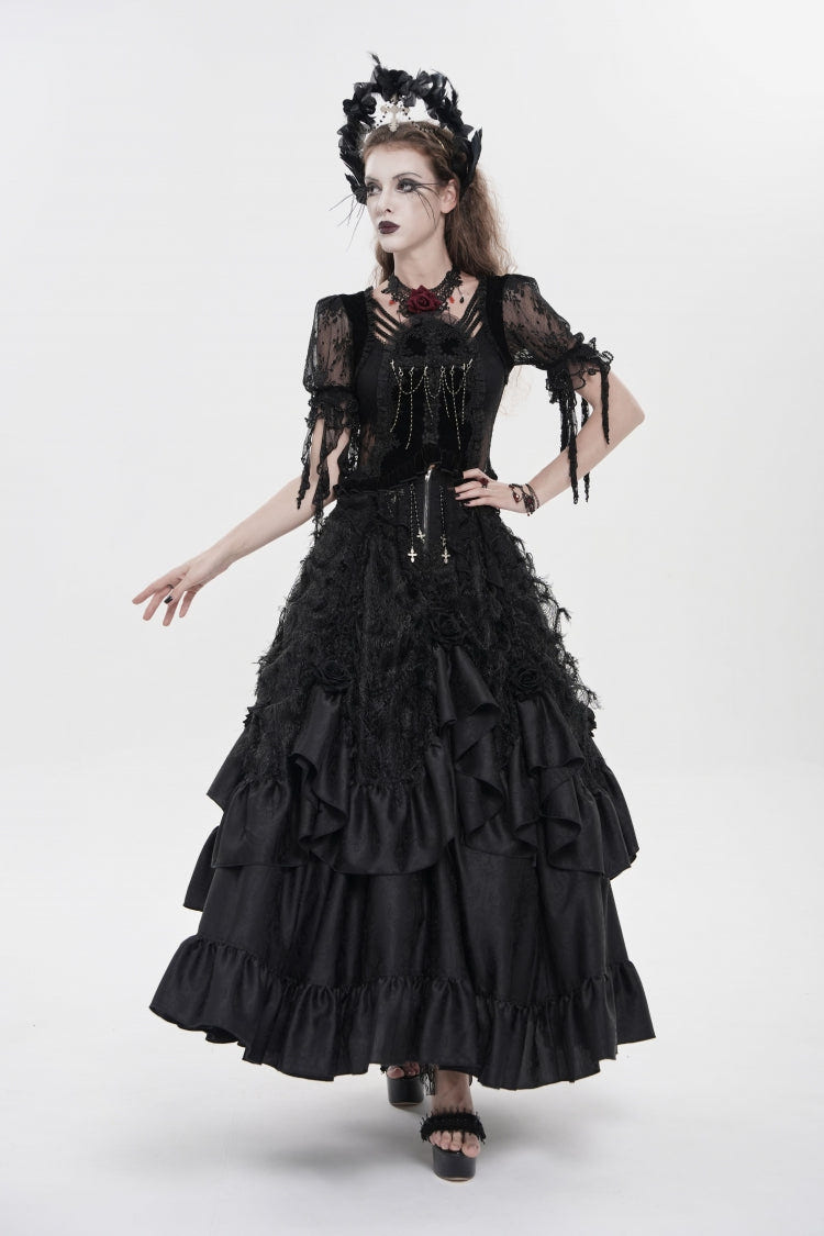 Black Women's Gothic Cross Rose Beaded Long Skirt Gorgeous Skirt - Product - 4