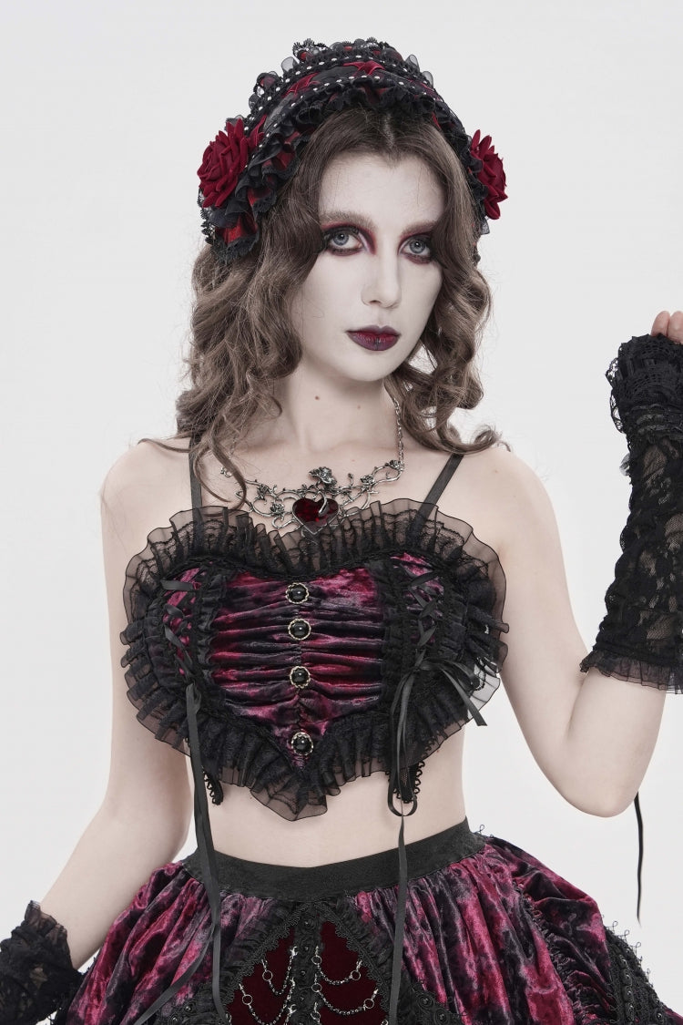 Black/Red Off Shoulder Bow Lace Color-Blocked Strappy Pleated Women's Gothic Corset - Black/Red - 1