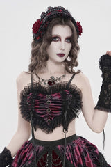 Black/Red Off Shoulder Bow Lace Color-Blocked Strappy Pleated Women's Gothic Corset - Black/Red - 1