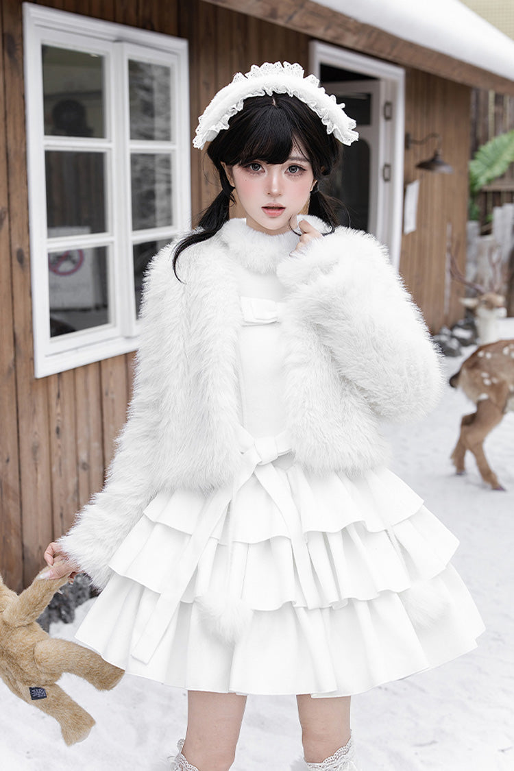 [White Chocolate] Triple-Layered Ruffle Bowknot Sweet Lolita Jsk Dress Set - Product - 18
