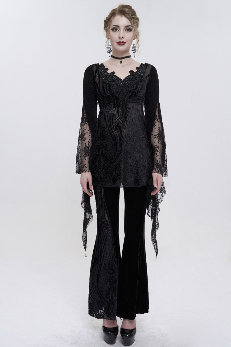 Black V-Neck Beading Lace Flared Cuffs Floral Hip Covered Long Sleeves Women's Gothic T-Shirt - Product - 4