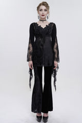 Black V-Neck Beading Lace Flared Cuffs Floral Hip Covered Long Sleeves Women's Gothic T-Shirt - Product - 4