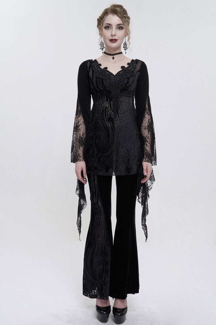 Black V-Neck Beading Lace Flared Cuffs Floral Hip Covered Long Sleeves Women's Gothic T-Shirt - Product - 4