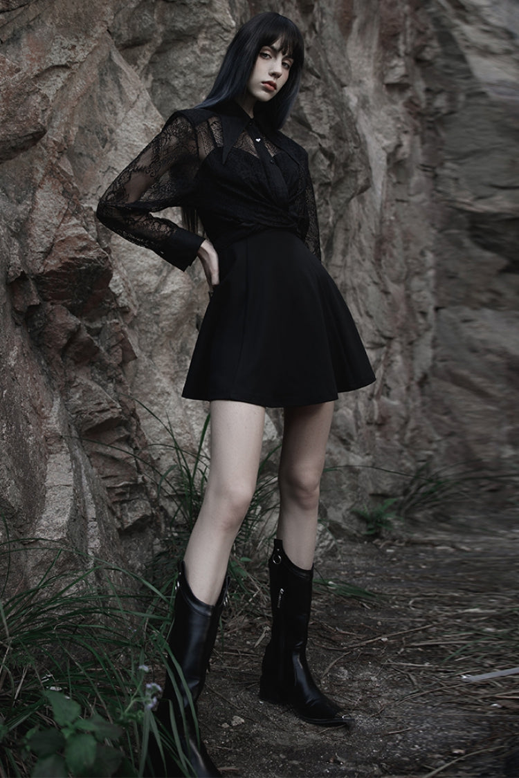 Black Long Sleeves Print Embroidery Lace Women's Gothic Shirt - Product - 3