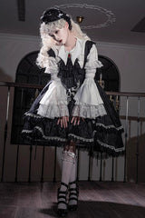 Black [Night Rose] Ruffle Bowknot Lace-Up Short Front and Long Back Gothic Gorgeous Lolita Jsk Dress - Product - 2