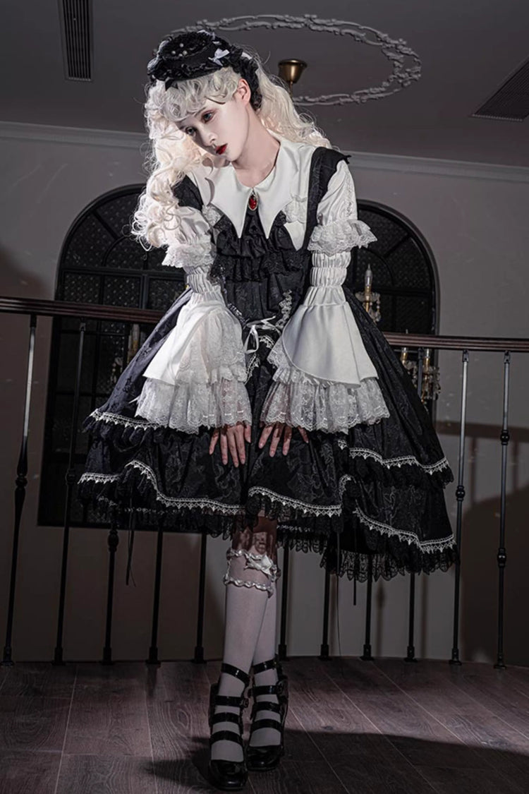 Black [Night Rose] Ruffle Bowknot Lace-Up Short Front and Long Back Gothic Gorgeous Lolita Jsk Dress - Product - 2