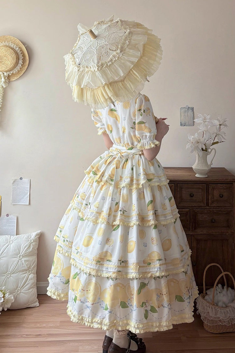 White [Lemon Chicken] Short Sleeves Triple-Layered Print Ruffle Bowknot Lace Sweet Gorgeous Lolita Dress - Product - 2