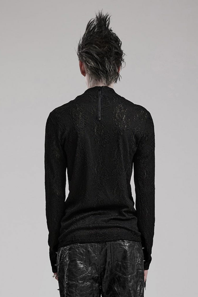Black Round Collar Long Sleeves Jacquard Symmetrical Rope Mens Gothic T-Shirt - Product - 3