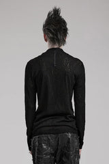 Black Round Collar Long Sleeves Jacquard Symmetrical Rope Mens Gothic T-Shirt - Product - 3