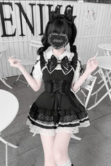[Heart Key Treasure Box] Lapel Collar Short Sleeves Printed Ruffled Bow Lace-Up Japanese Jirai Kei Dress Shorts Set 3 Colors - Product - 11