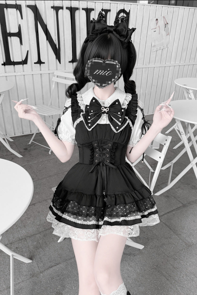 [Heart Key Treasure Box] Lapel Collar Short Sleeves Printed Ruffled Bow Lace-Up Japanese Jirai Kei Dress Shorts Set 3 Colors - Product - 11