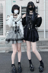 Black/White Houndstooth Print Ruffle Bowknot Lace Lace-Up Jirai Kei Japanese Skirt - Product - 5