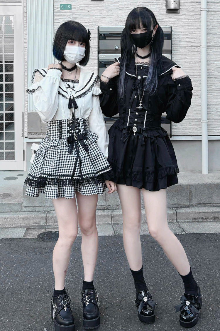 Black/White Houndstooth Print Ruffle Bowknot Lace Lace-Up Jirai Kei Japanese Skirt - Product - 5