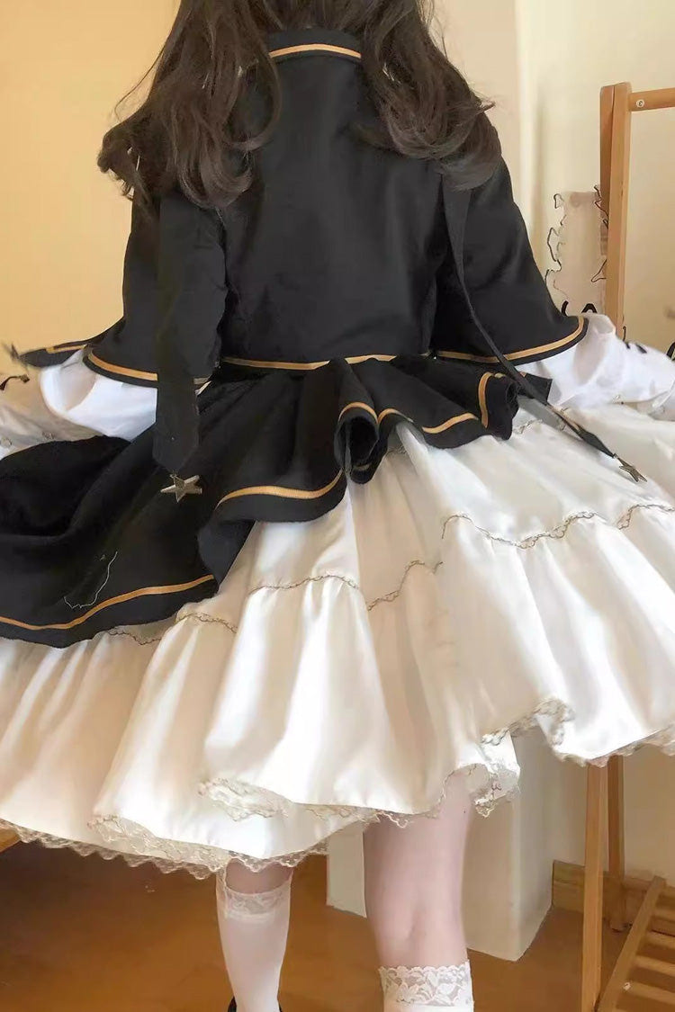 Black/White [Commander] Long Sleeves Ruffle Bowknot Irregular Sweet Lolita Dress Coat Cloak Set - Product - 7