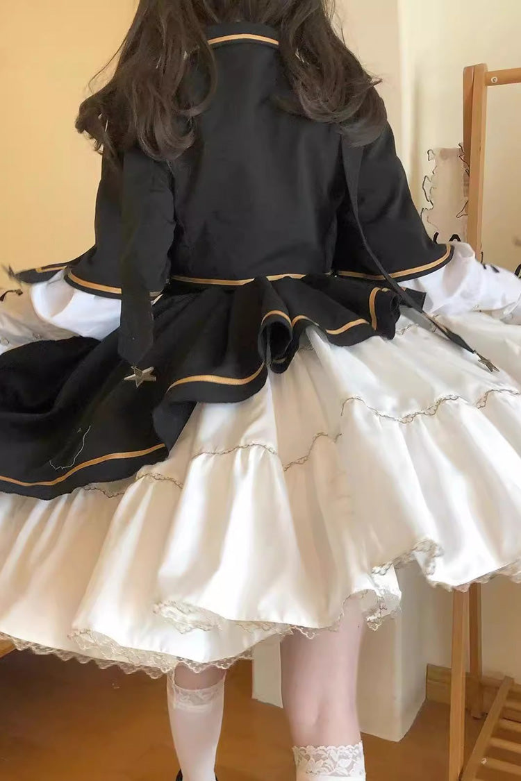 Black/White [Commander] Long Sleeves Ruffle Bowknot Irregular Sweet Lolita Dress Coat Cloak Set - Product - 7