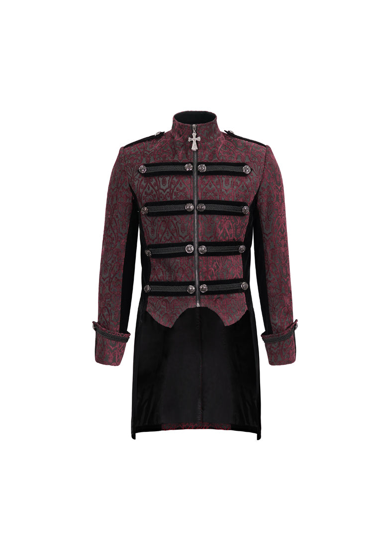 Red Silk Stand Collar Printed Metal Breasted Cross Zipper Back Slit Vintage Men's Gothic Jacket - Product - 7