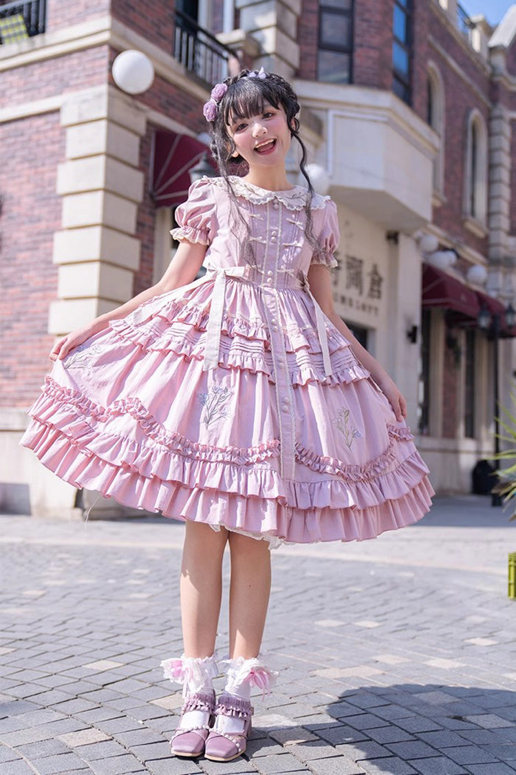 Pink Doll Collar Short Sleeves Iris Poem Print Ruffle Embroidery Sweet Lolita Dress - Product - 2