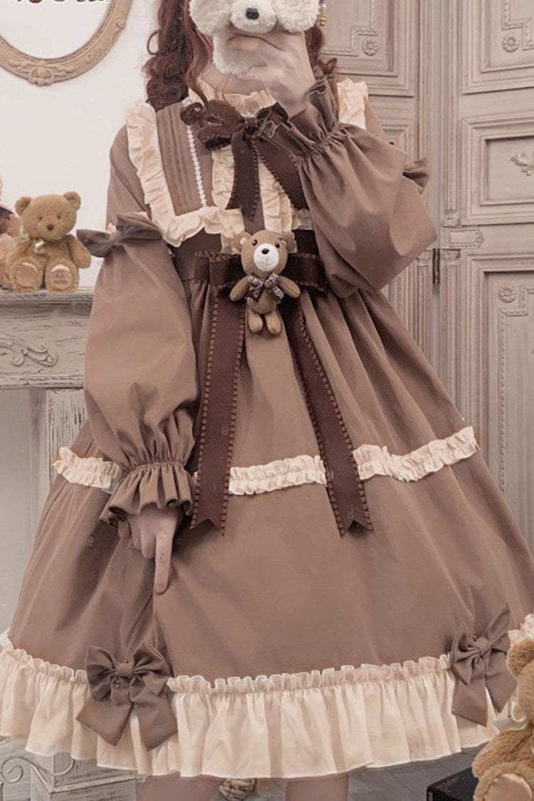 Brown Caramel Teddy Bear Round Collar Long Sleeve Stitching Bowknot Ruffled Sweet Lolita OP Dress - Product - 1