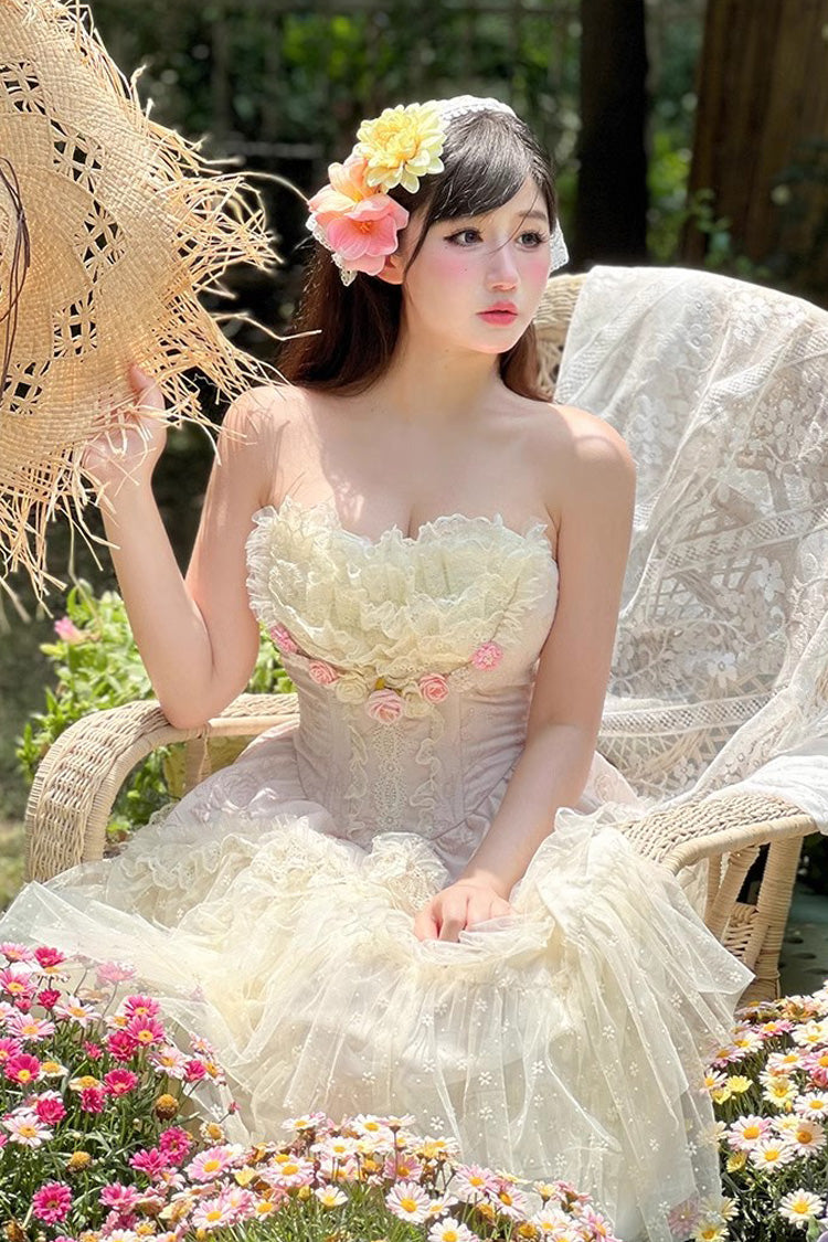 Pink Flower Goddess of Love Ruffle Bowknot Lace Sweet Elegant Lolita Maxi Skirt Dress Set - Product - 13